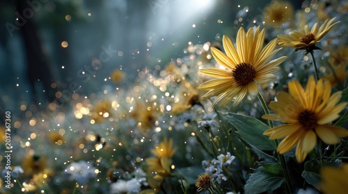 Close up of sunflower field, holographic bio-fuel energy potential data floating, renewable biomass energy concept 
