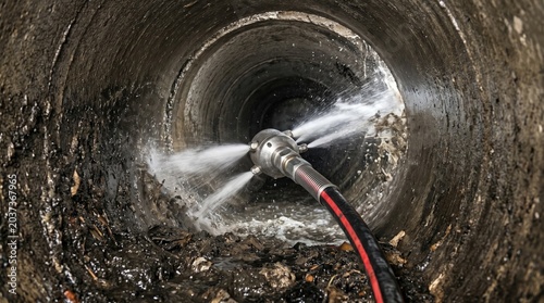 Maintenance severed main sewer pipe hydro jet cleaning concept. High-pressure water jet cleaning a dirty sewer pipe, ensuring effective waste removal.