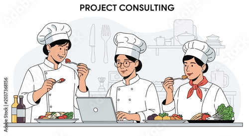 Chefs tasting food and using laptop for project consulting in kitchen