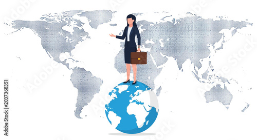 Businesswoman standing on Earth with world map backdrop