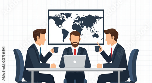 Business meeting with world map: team collaborates globally.