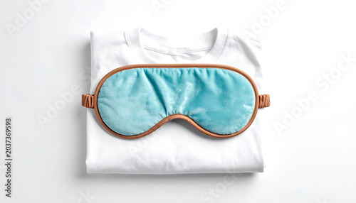 Comfortable blue sleep mask resting on a folded white t-shirt, suggesting relaxation and restful sleep