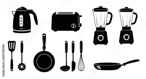 Photos Kitchen utensils and appliances silhouettes for cooking and food preparation