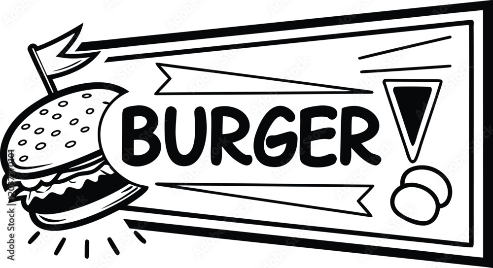 Obraz premium Modern burger label design featuring bitten hamburger icon with flag and bold typography for fast food restaurant branding and marketing.