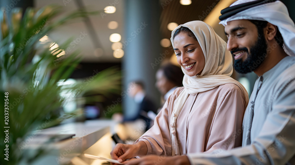 Fototapeta premium A pair of business colleagues in soft mixed traditional attire softly stand at a bright modern reception desk in a calm corporate lobby in soft daylight reception arrival modern
