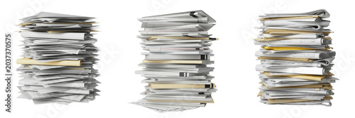 Bild auf Leinwand High stacks of documents and papers isolated on a white background, collection of messy office files and business paperwork, organized archive folders, scattered reports for professional