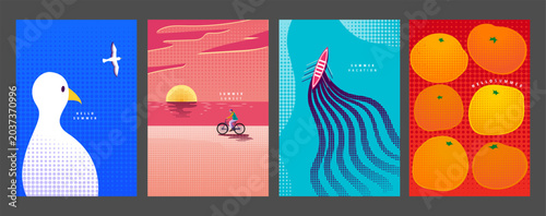 Bild auf Leinwand Summer Halftone Poster Collection with Colorful Screen Print Illustration
