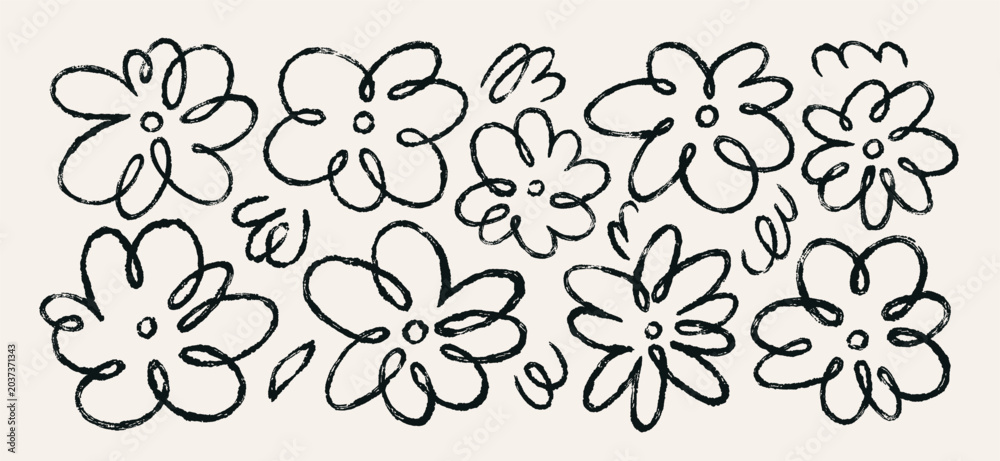 Fototapeta premium Doodle crayon drawn flowers set. Chamomile, daisy, ink charcoal sketch drawings in scribble handdrawn style. Camomile scribbles, curly line, floral botanical art. Isolated flat vector illustrations