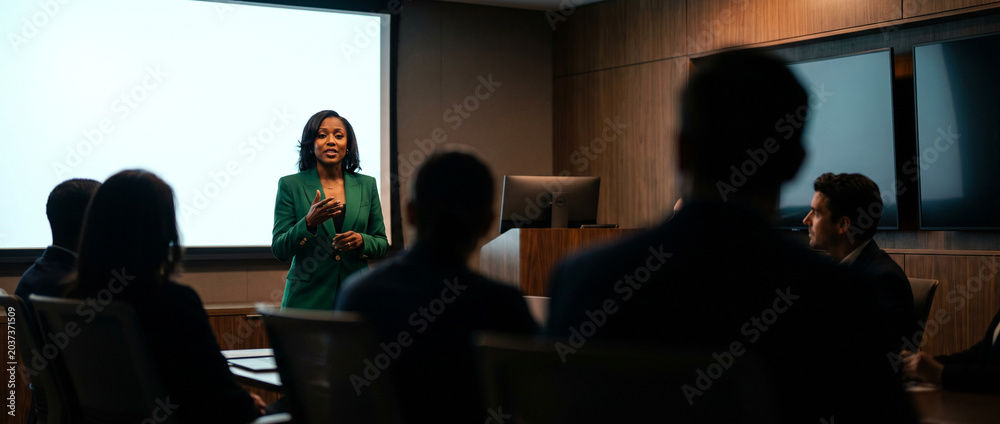 Obraz premium Confident African American female business leader in an emerald green blazer giving a presentation to an audience in a modern conference room. Corporate leadership concept.