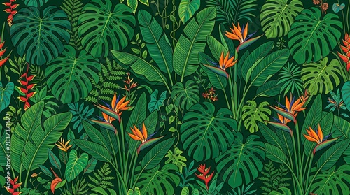 Vibrant tropical pattern featuring detailed monstera leaves and bright orange bird of paradise flowers in a dense botanical illustration with rich green and dark tones