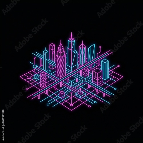 Cyberpunk Neon City Skyline Wireframe Vector Logo, Futuristic Smart City Holographic Grid Matrix Tech Icon
