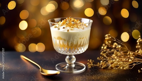 Elegant Creamy Dessert In A Crystal Glass With Golden Sprinkles A Gold Spoon And Dried Flowers On A Luxurious Bokeh Background