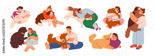 Dog lovers set. Happy people hugging, cuddling puppies. Pet owners and doggy ...