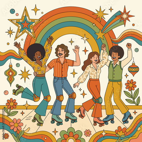 Vector Illustration of Four People Skating with Rainbow and Stars in Vintage 70s Style with Bright Warm Colors
