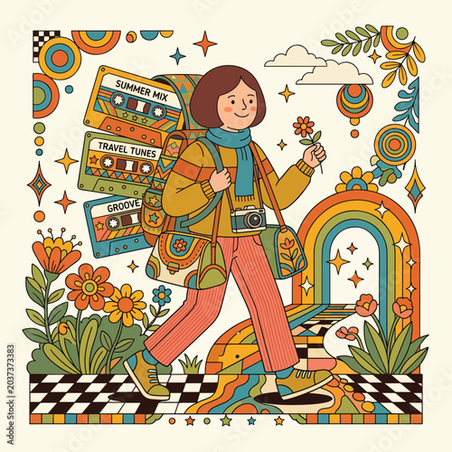 Vector Illustration of a Girl with Backpack and Camera in Retro Psychedelic Style Featuring Floral Elements and Rainbow Colors