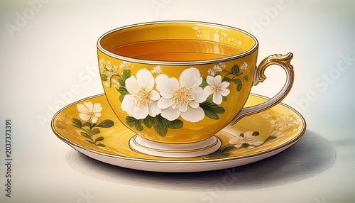 A Charming Illustrated Yellow Teacup Filled With Tea Adorned With White Flowers And Lace Detail