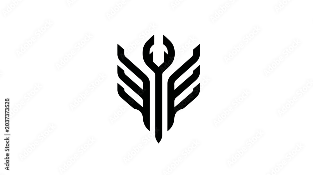 Fototapeta premium Abstract Symmetrical Shield Design with Geometric Wings Motif. Modern Stylized Crest Graphic Icon in Black and White.