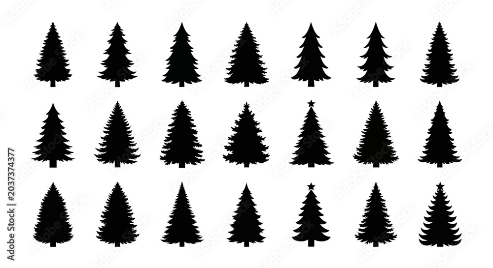 Obraz premium Collection of black christmas tree silhouettes with various shapes and star toppers on white background