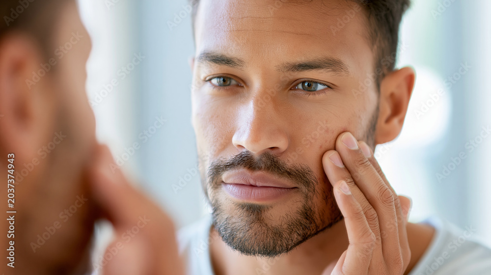 Fototapeta premium Close-up of a man's hands touching his face while examining skin for acne and signs of aging in a mirror, male skincare concept, face acne photography, male skin health