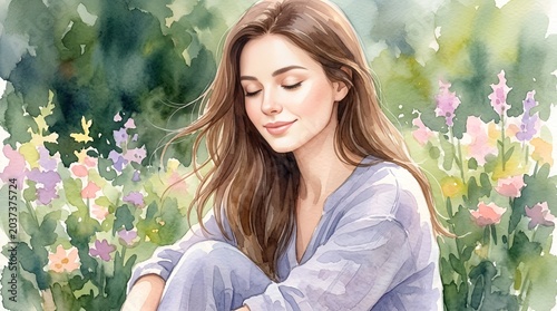 Peaceful woman meditating outdoors with eyes closed amidst wildflowers, watercolor style