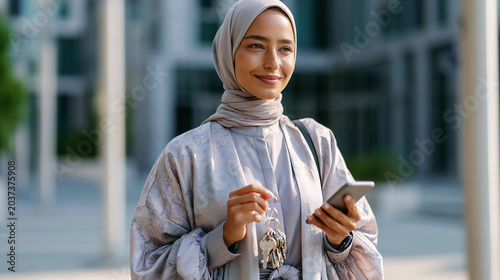 A confident young businesswoman in a soft pastel abaya holds bright keys and a smartphone walking softly through a calm modern plaza in soft daylight key walk modern plaza