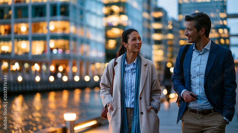 Fototapeta premium A pair of business professionals walk softly along a bright modern waterfront with calm illuminated glass buildings in soft evening light waterfront walk modern district
