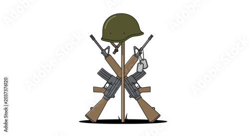 Military helmet and rifles forming a cross emblem, representing bravery and protection