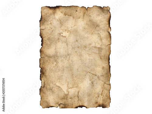 Aged parchment sheet with burnt edges and weathered texture isolated on black background