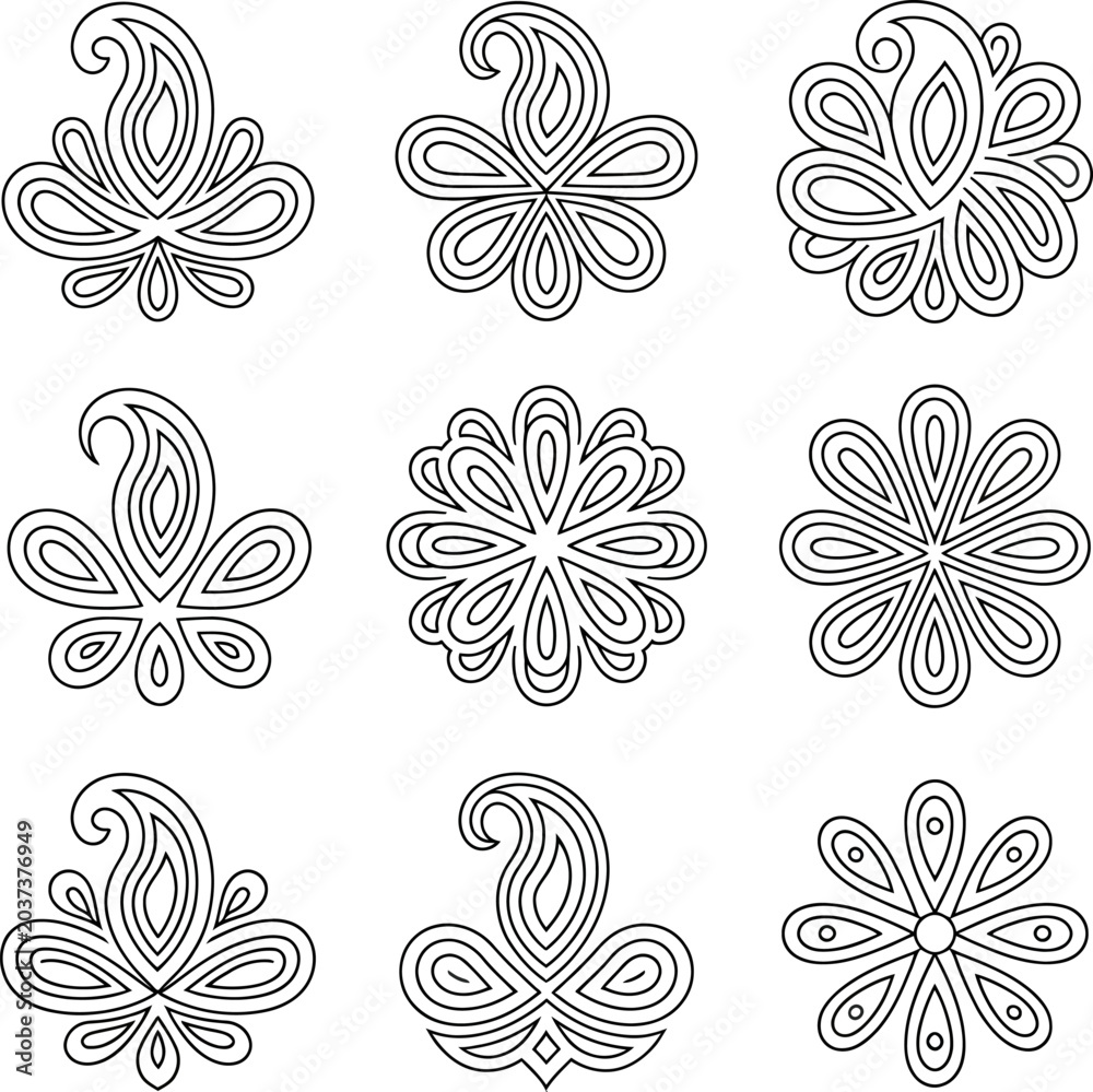 Fototapeta premium Nine ornate paisley and floral motifs in black outline on white background for design