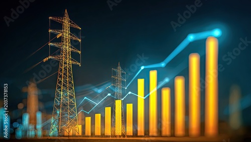 Electric tower with rising graph and data visualization on dark background