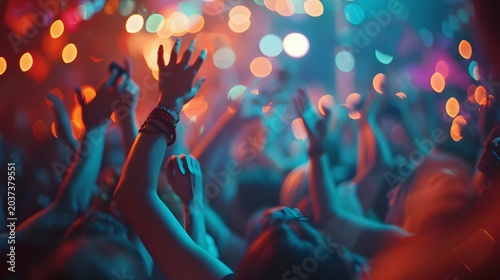 Dancing hands, expressive hands dancing in party crowd, blurred bodies, vibrant lights, motion energy, no faces visible, focus on movement and mood, cinematic lighting