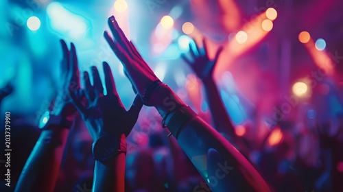 Dancing hands, expressive hands dancing in party crowd, blurred bodies, vibrant lights, motion energy, no faces visible, focus on movement and mood, cinematic lighting