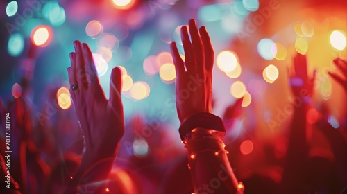 Dancing hands, expressive hands dancing in party crowd, blurred bodies, vibrant lights, motion energy, no faces visible, focus on movement and mood, cinematic lighting