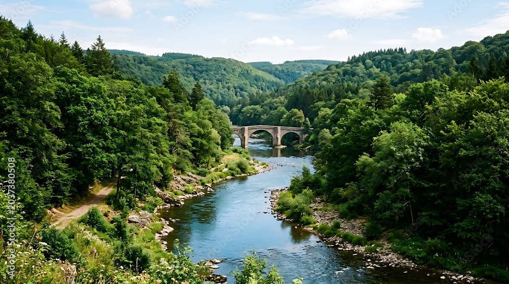 Fototapeta premium Ancient stone bridge over winding river in lush green valley