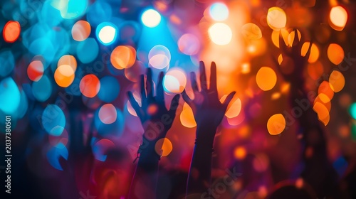 Dancing hands, expressive hands dancing in party crowd, blurred bodies, vibrant lights, motion energy, no faces visible, focus on movement and mood, cinematic lighting