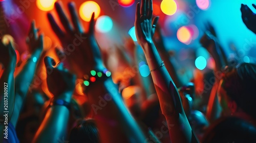 Dancing hands, expressive hands dancing in party crowd, blurred bodies, vibrant lights, motion energy, no faces visible, focus on movement and mood, cinematic lighting