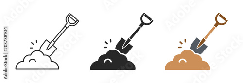 Canvas Print Shovel digging line editable icon set with soil excavation gardening and constru