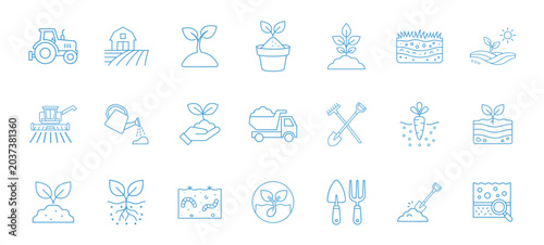 Obraz na plátně Agriculture farming line editable icon set with tractor field irrigation and cul