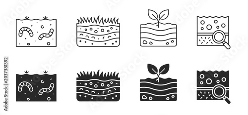 Obraz na płótnie Soil layer line editable icon set with geology agriculture ground profile and ea