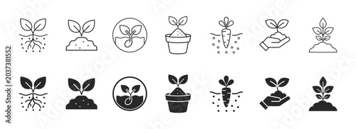 Canvas-taulu Plant growth line editable icon set with seedling roots cultivation and agricult