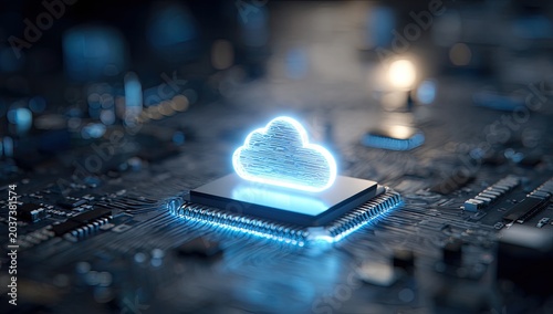 Digital cloud icon glowing above a microchip on a circuit board