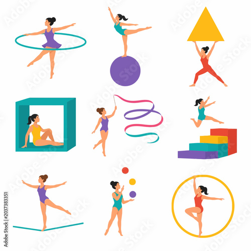 Set of flat vector illustrations showing female gymnasts and acrobats performing athletic routines with hoops, rhythmic ribbons, exercise balls, and various colorful geometric shapes.