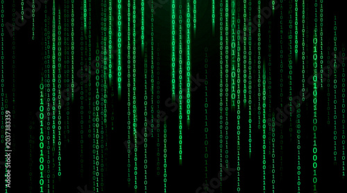 Green binary code rain on black, matrix hacker data concept background
