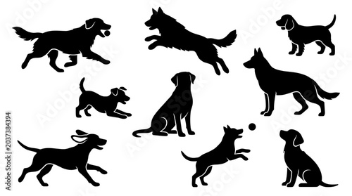 Fotografía Set of Silhouettes of Dogs in Various Poses, Running and Playing