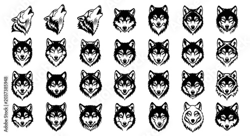 Fotografia Collection of black and white wolf head illustrations in various expressions and