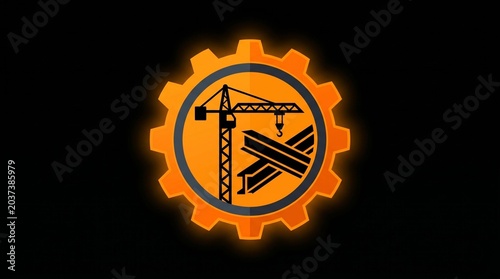 Industrial Construction Crane Silhouette Vector Logo, Civil Engineering Steel Beams Icon in Glowing Safety Orange Gear
