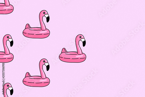 Pink Flamingo Pool Float Pattern on Light Pink Background with Copy Space, Summer Illustration. Summer sales banners, social media posts, and seasonal promotions.