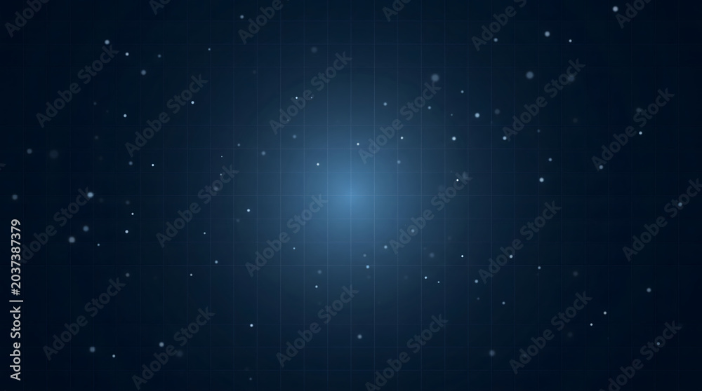 Obraz premium Glowing blue light in a dark space with scattered particles and a grid pattern background
