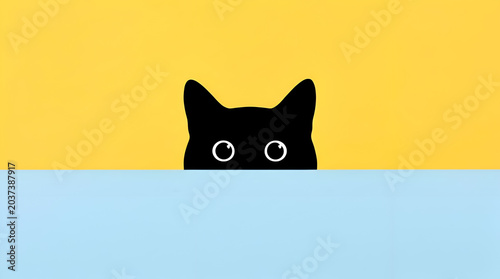 Playful black cat with wide, curious eyes peeking over a pastel blue surface, contrasted against a bright yellow background in a charming and minimalist graphic illustration