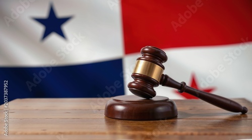 Judge gavel on wooden table against flag of Panama background